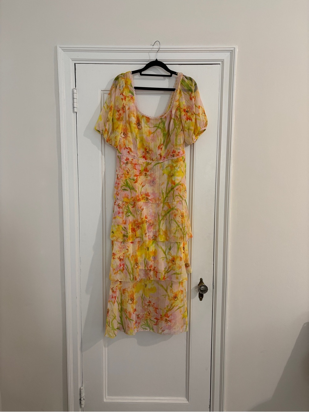 Floral Yellow and Pink Tiered Midi Dress